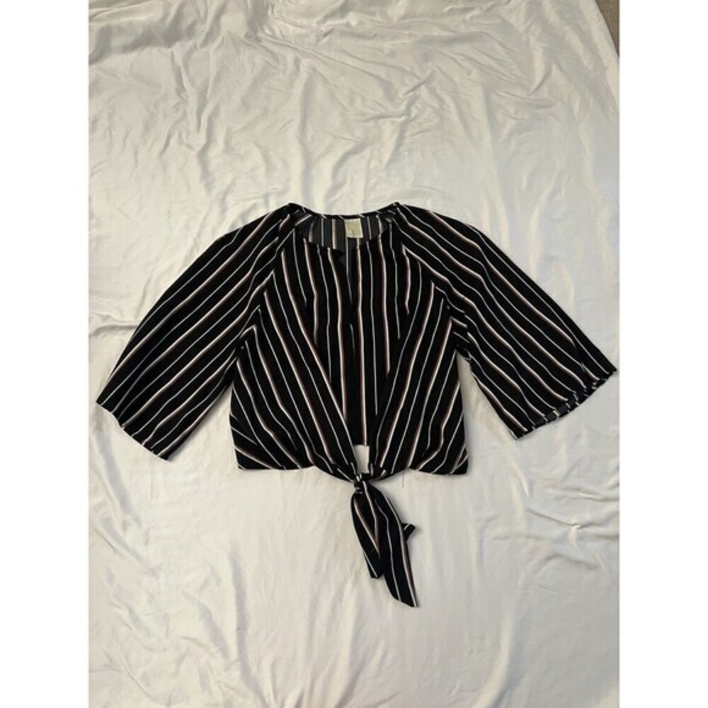Japna Top Tie Front Kimono Sleeve Cropped Shirt Womens Size M‎ Striped Blouse